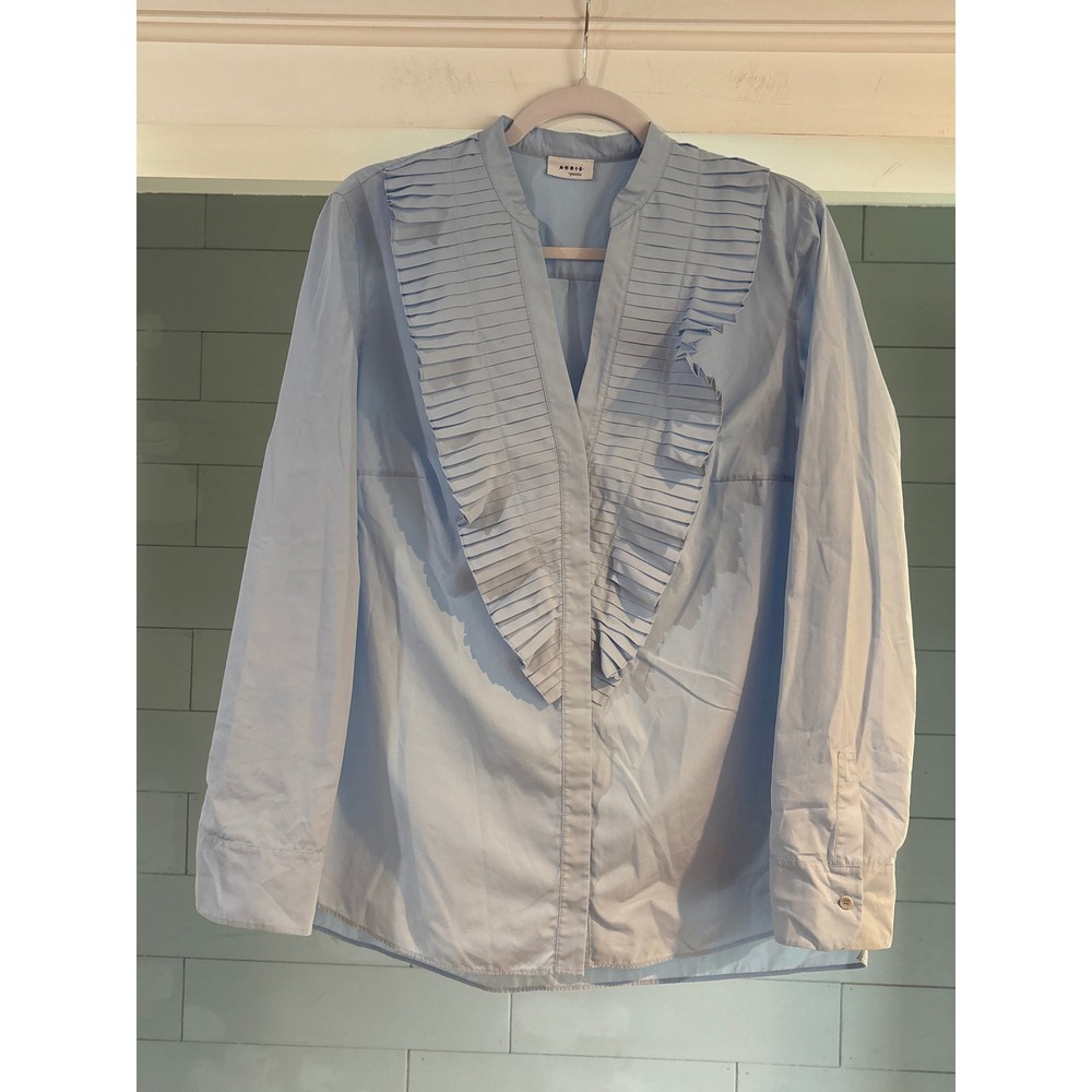 Akris Punto Light Blue Pleated Ruffle V-Neck Blouse‎ Long Sleeve Top